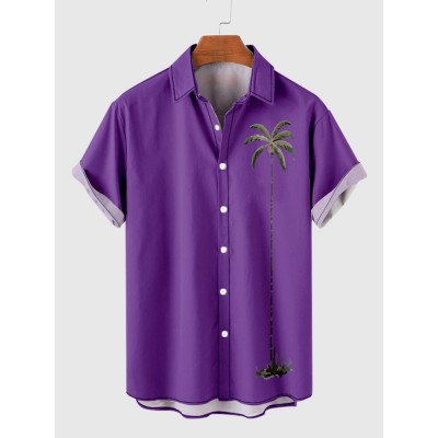 Retro BlueViolet Coconut Element Palms Print Trendy Men's Short Sleeve Shirt