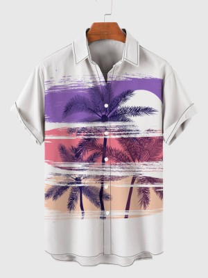 Retro Purple & White Coconut Trees Printing Men's Short Sleeve Shirt