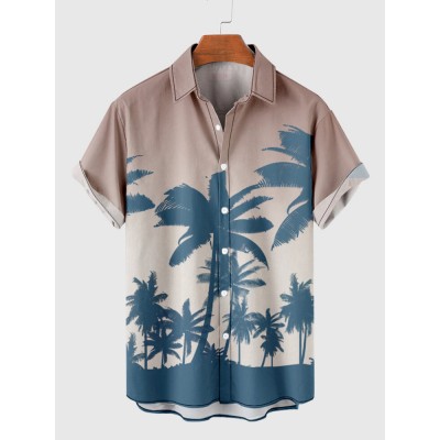 Gradient LightOrangeRed Coconut Tree Printing Men's Short Sleeve Shirt