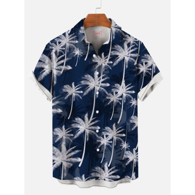Full-Print Beach Style Hawaiian Palm Coconut Tree Printing Men's Short Sleeve Shirt