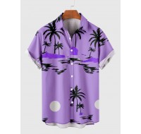 Purple Coconut Tree Print Summer Casual Men's Short Sleeve Shirt