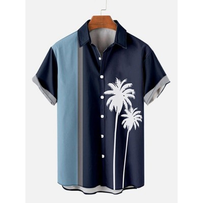 Retro LightSkyBlue & Navy Stitching Coconut Trees Printing Men's Short Sleeve Shirt