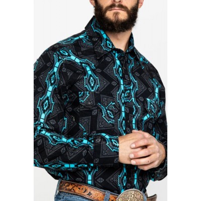 Men's Vintage Aqua Blue Long Sleeve Printed Shirt