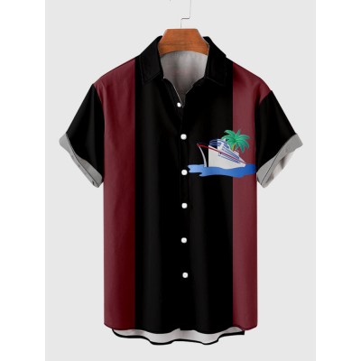 Steamboat and Coconut Tree Printing Black and Maroon Stitching Men's Short Sleeve Shirt