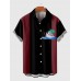 Steamboat and Coconut Tree Printing Black and Maroon Stitching Men's Short Sleeve Shirt