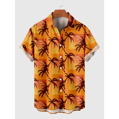 Burning Nightfall and Coconut Trees Printing Hawaiian Men's Short Sleeve Shirt
